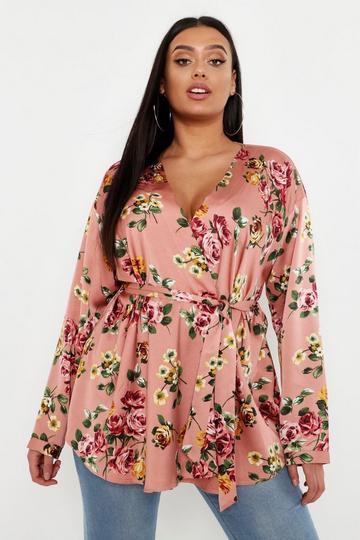 Plus Floral Print Satin Wrap Top dusky pink