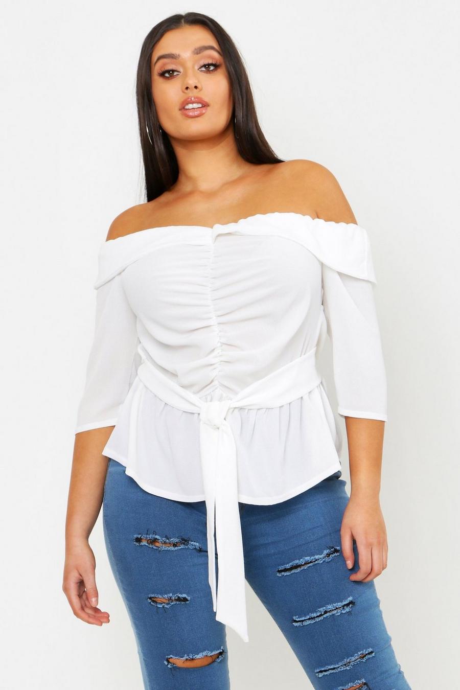 Plus Ruched Off The Shoulder Tie Detail Blouse image number 1