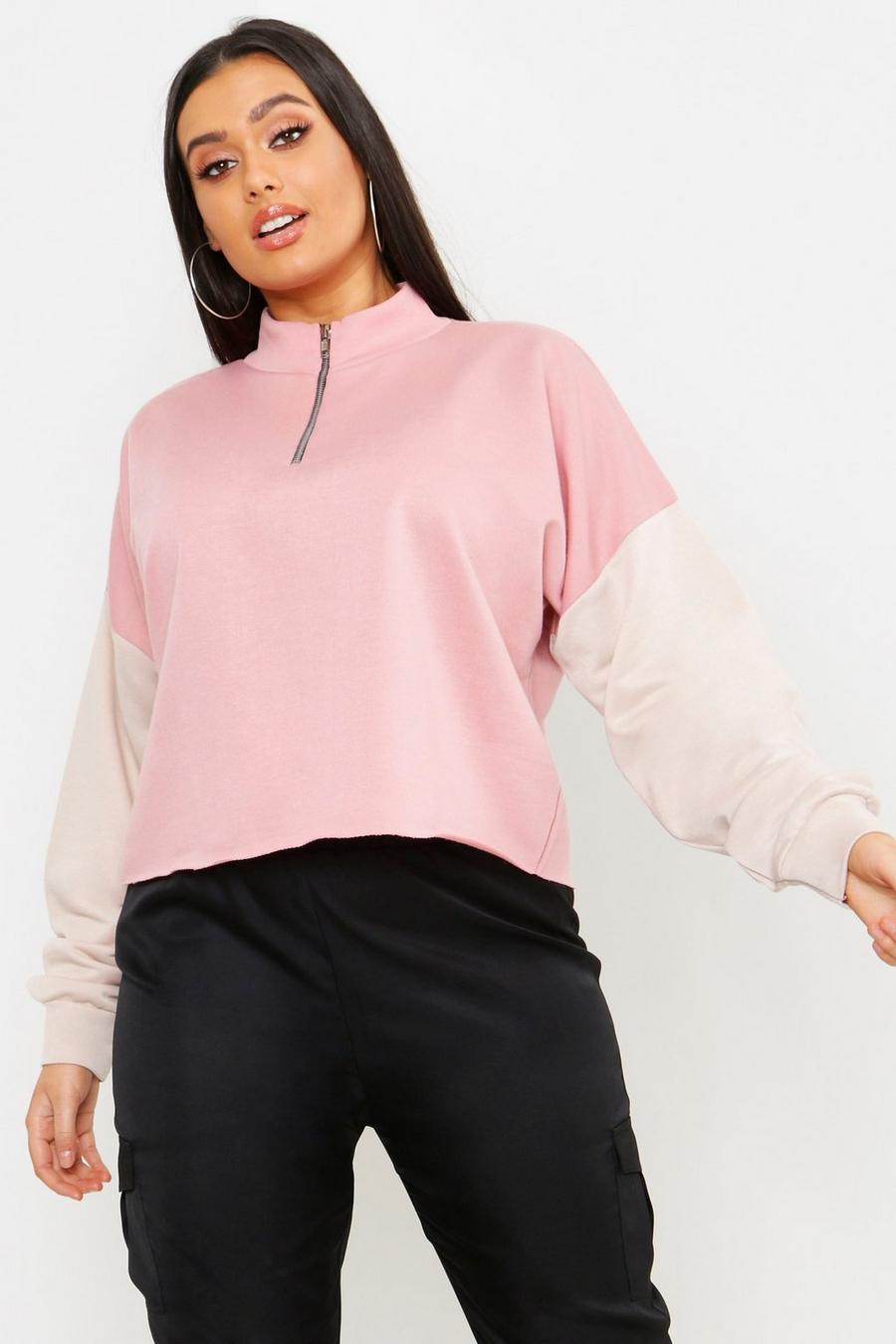 Plus – Kurzes Sweatshirt mit Colorblock-Design, Rosé image number 1