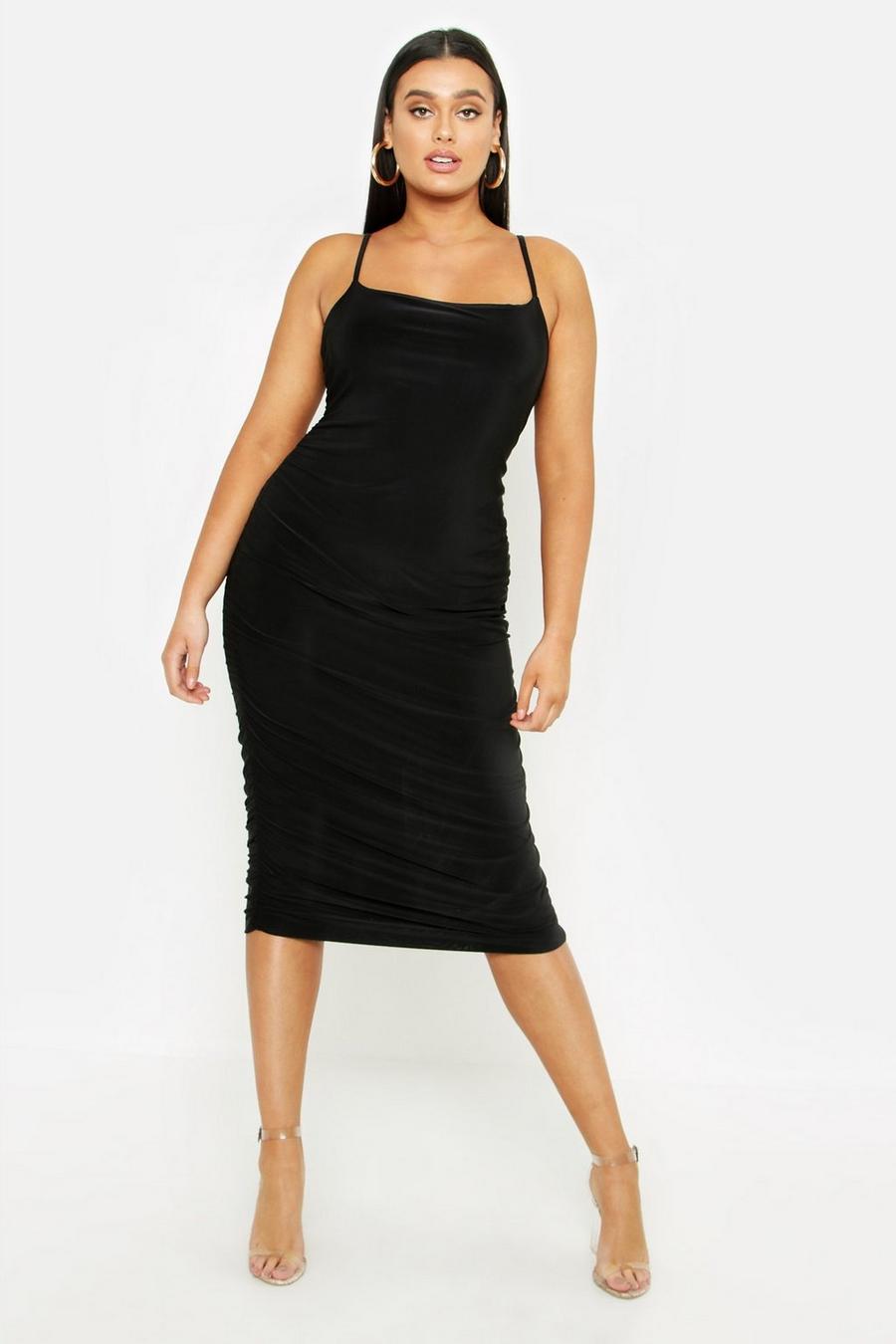 Plus Strappy Double Layer Slinky Ruched Midi Dress image number 1