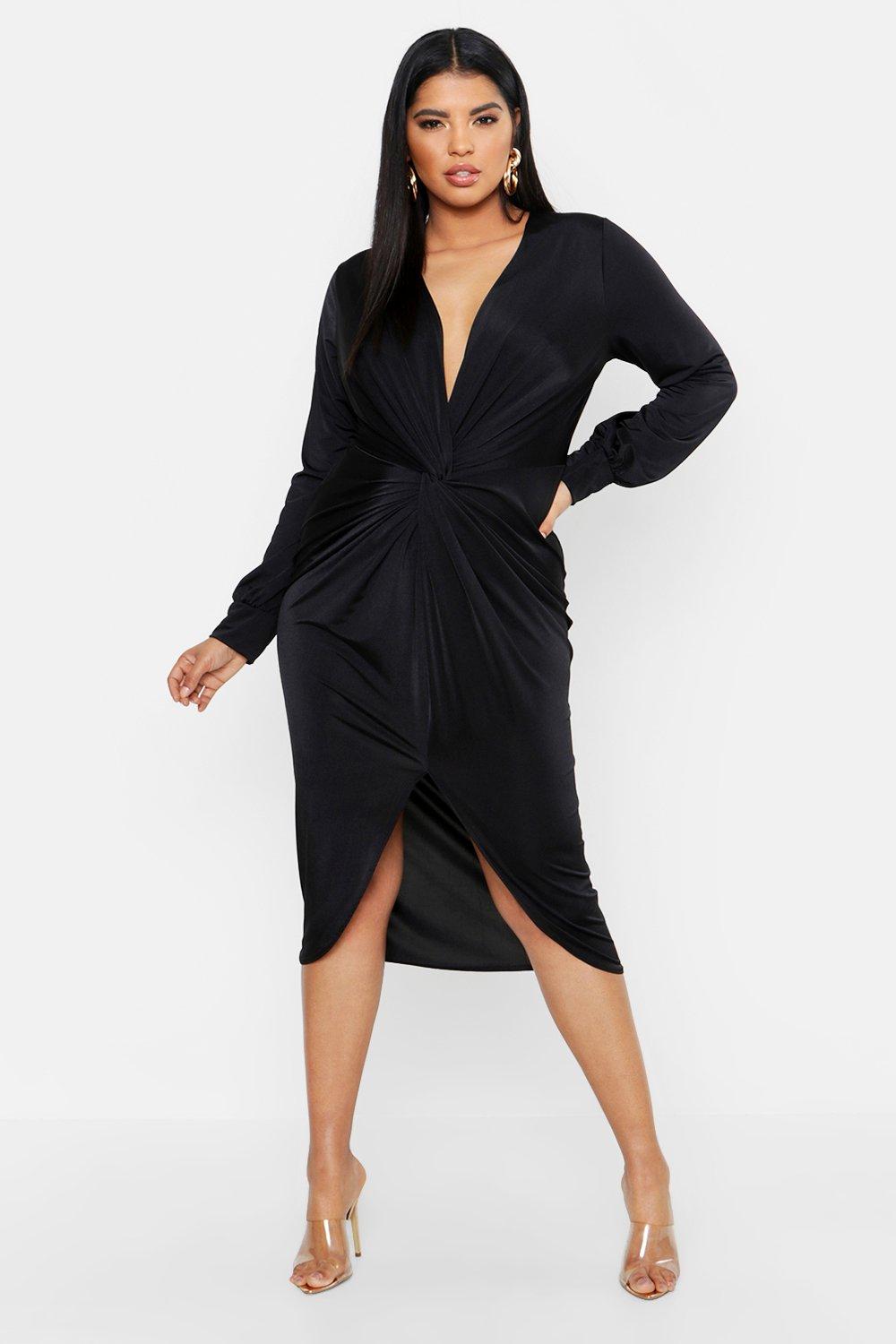 twist front plunge slinky midi dress