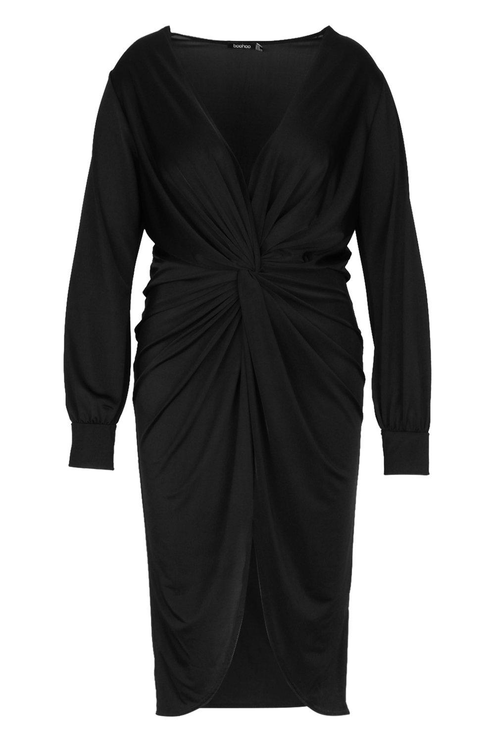 twist front plunge slinky midi dress