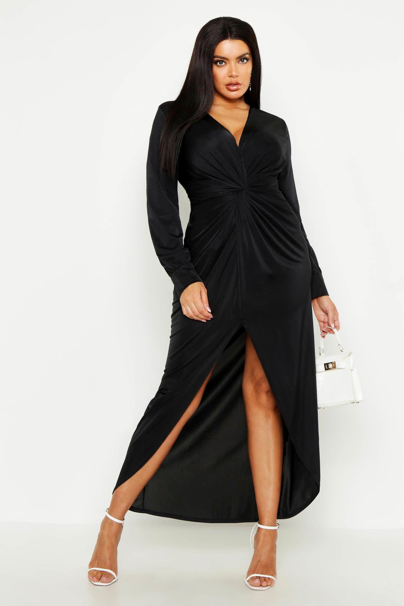 twist front plunge slinky midi dress