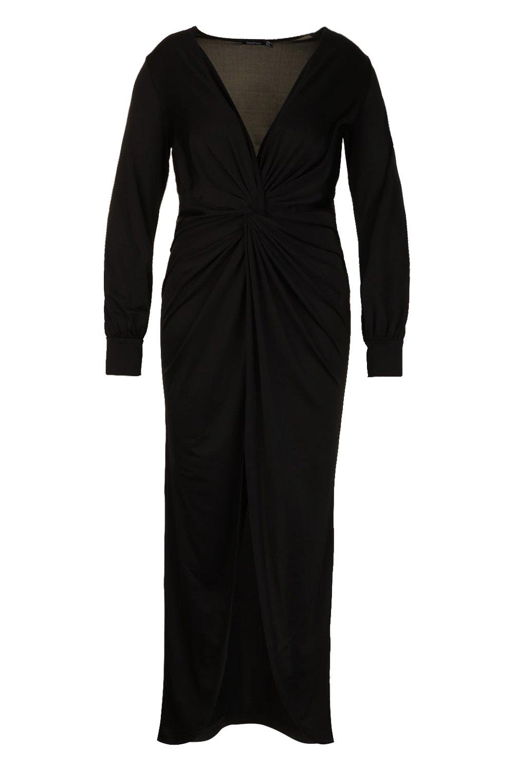 twist front plunge slinky midi dress