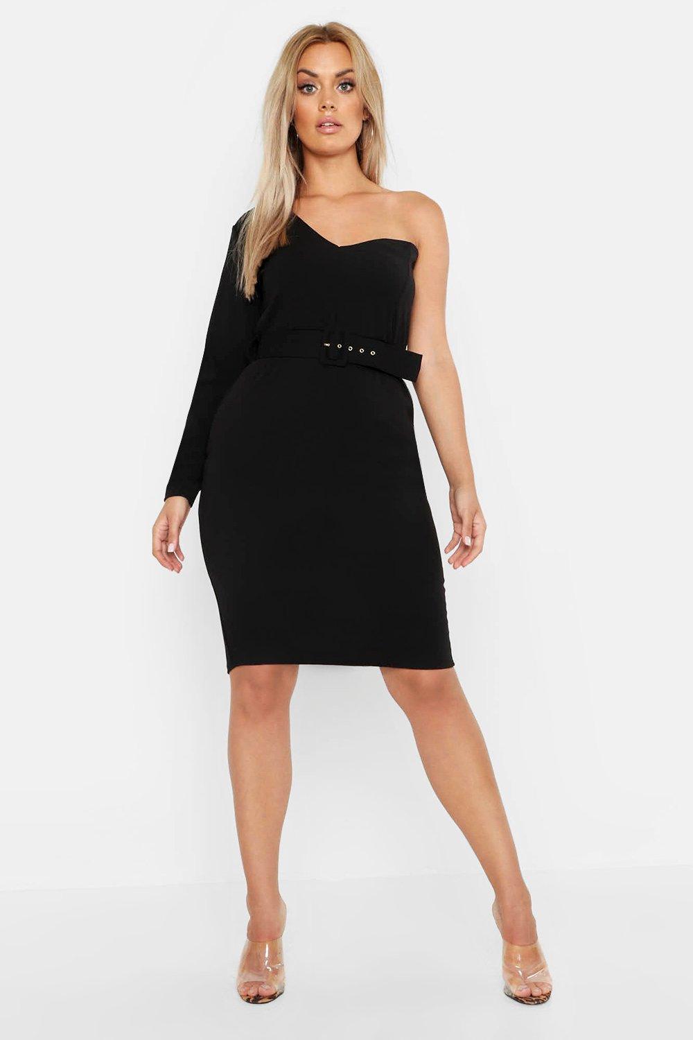 one shoulder belted midi dress