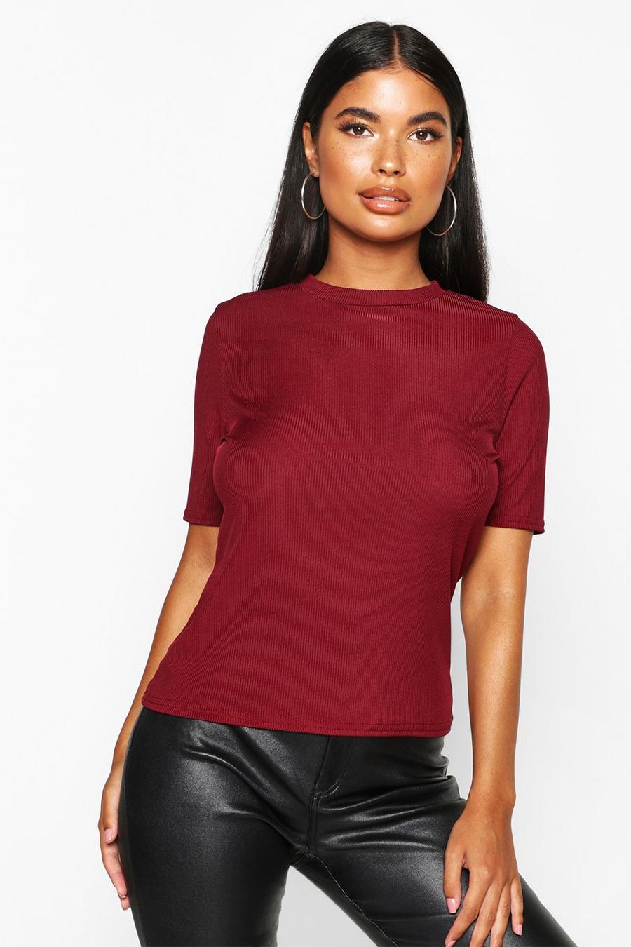 Berry red Petite Ribbed Basic T Shirt