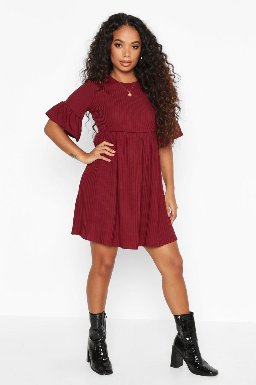 Berry Petite Ribbed Frill Sleeve Smock Dress image number 1