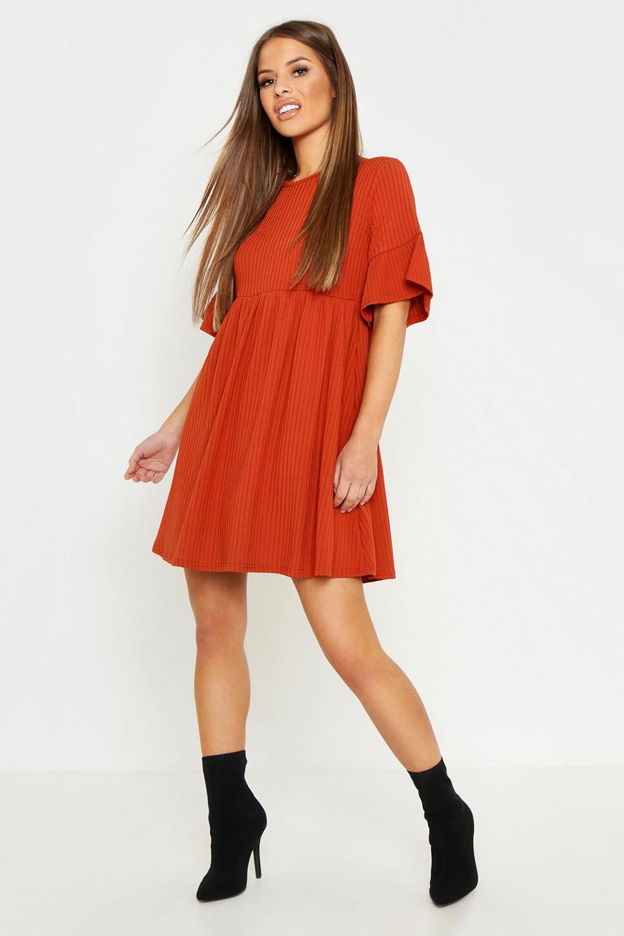 Terracotta Petite Ribbed Frill Sleeve Smock Dress image number 1