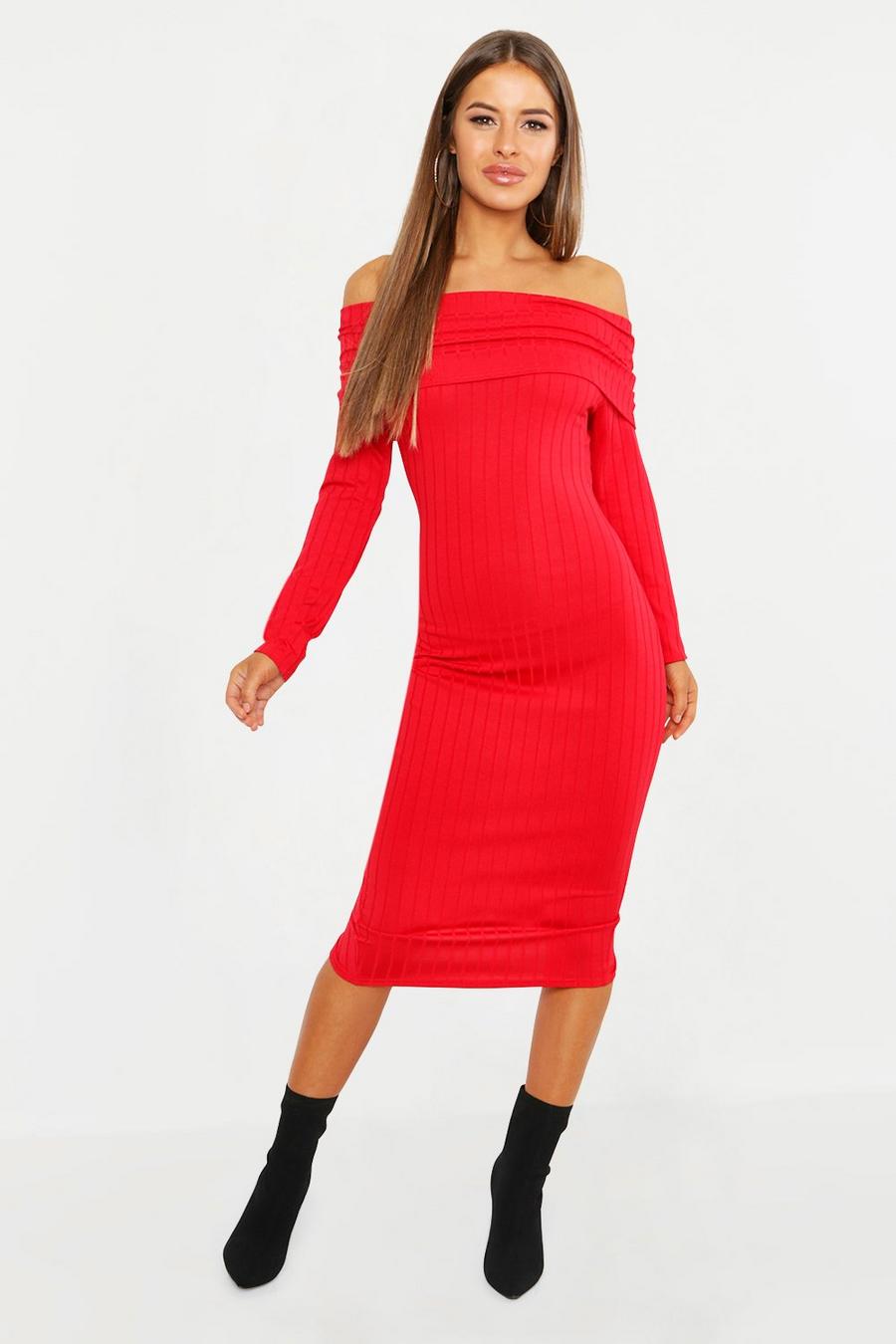 Petite Ribbed Off The Shoulder Bodycon Dress image number 1