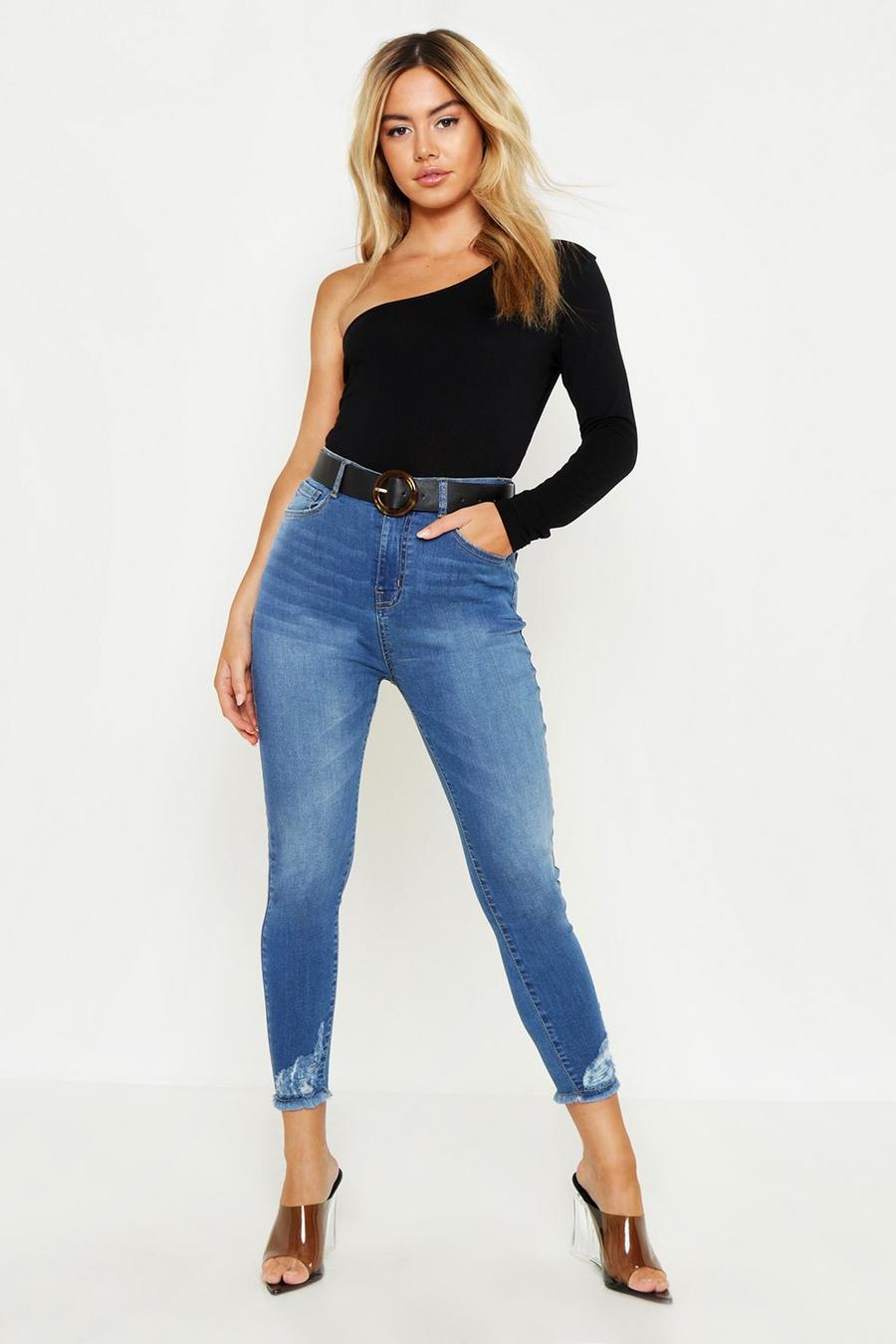 Dark blue Petite - Skinny jeans med slitna detaljer och hög midja image number 1