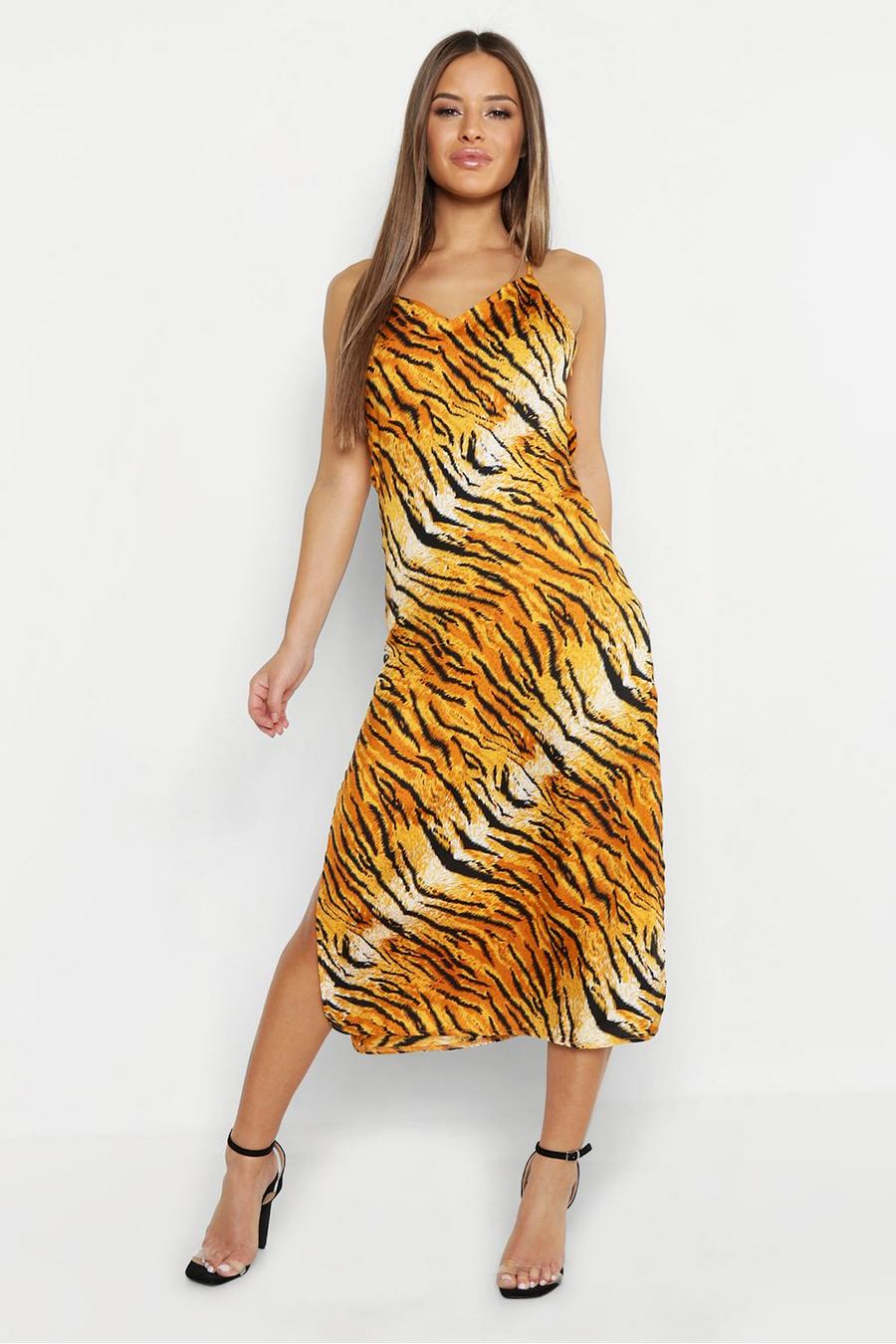 Petite Tiger Print Satin Cowl Neck Cami Slip Dress image number 1