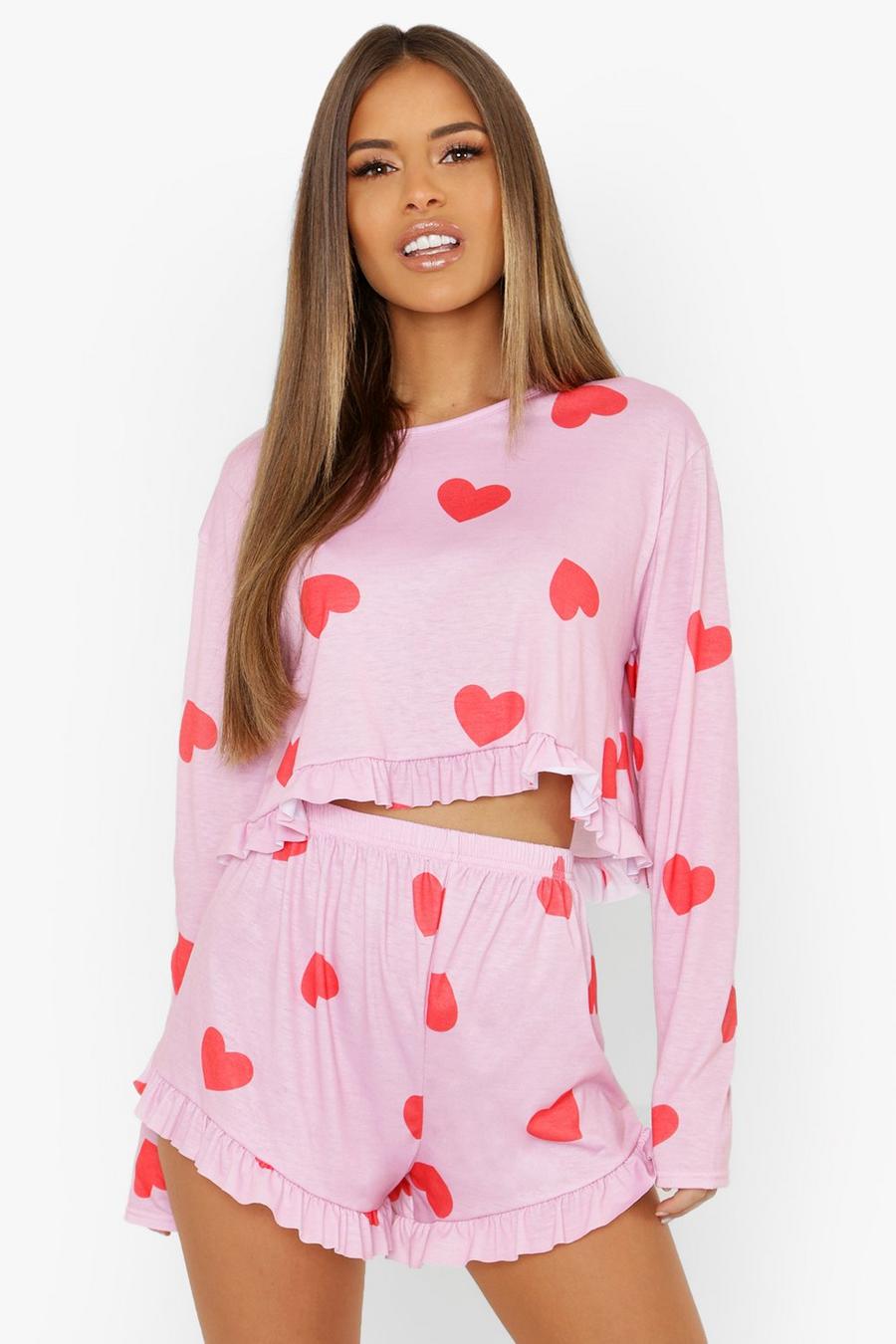 Petite - Ensemble pyjama à imprimé cœur à ourlet volanté, Rose pink image number 1