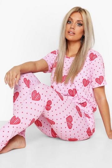 Plus Polka Dot Heart Print T Shirt & Pants Pajama Set baby pink