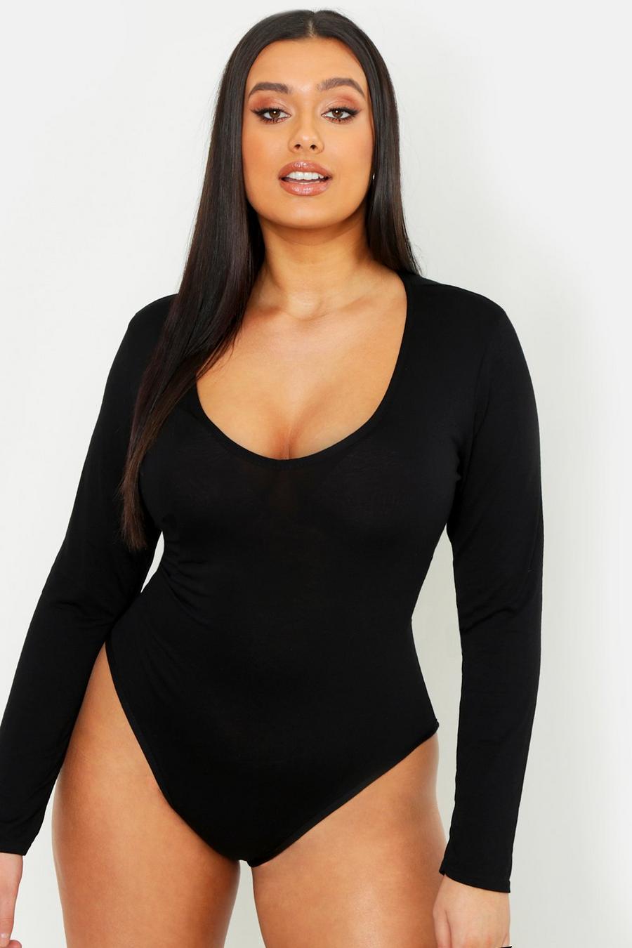 Zwart Plus Basic Bodysuit Met V-Hals En Lange Mouwen image number 1