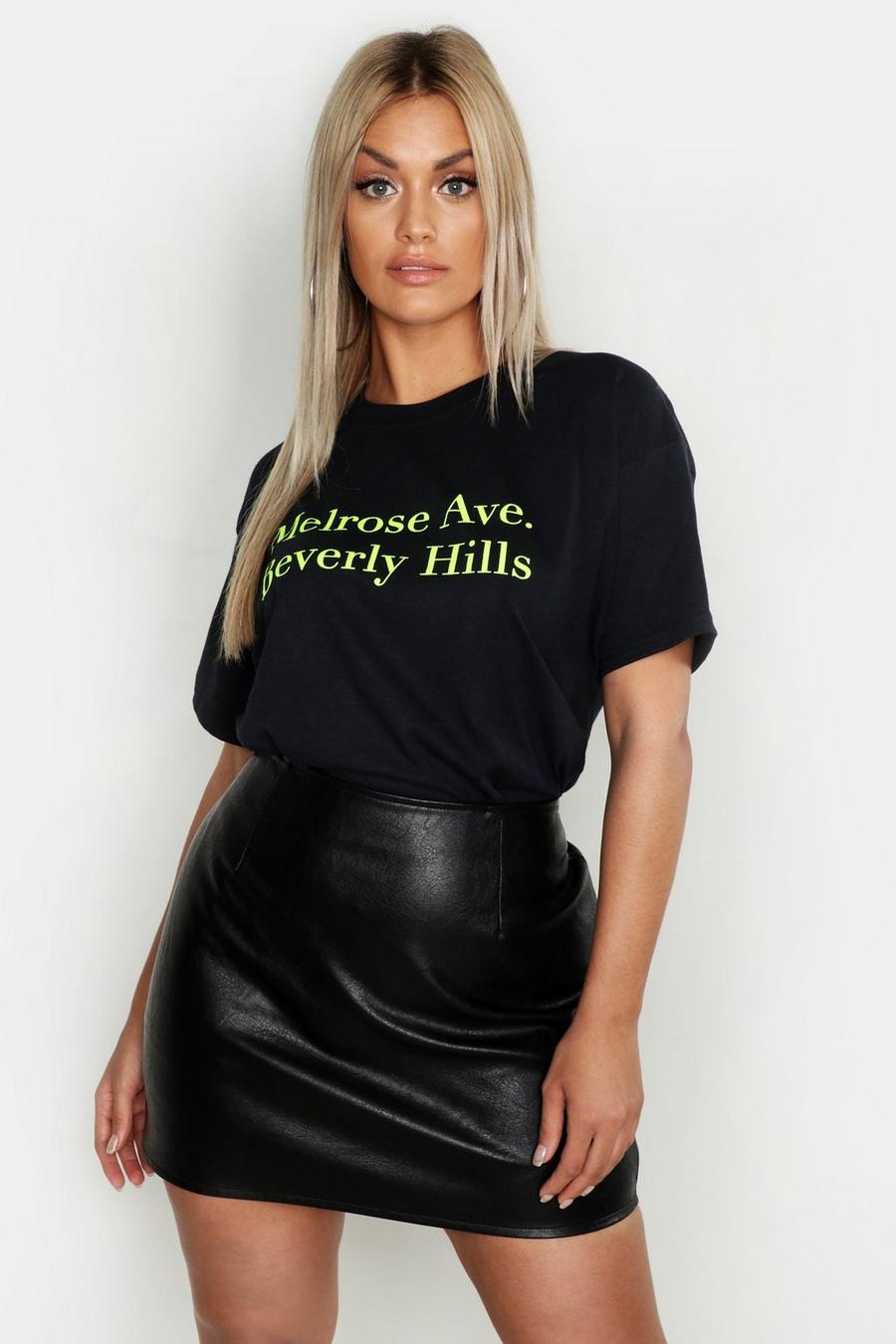 Plus Neonfarbenes T-Shirt mit „Melrose Beverley Hills“-Slogan, Schwarz image number 1