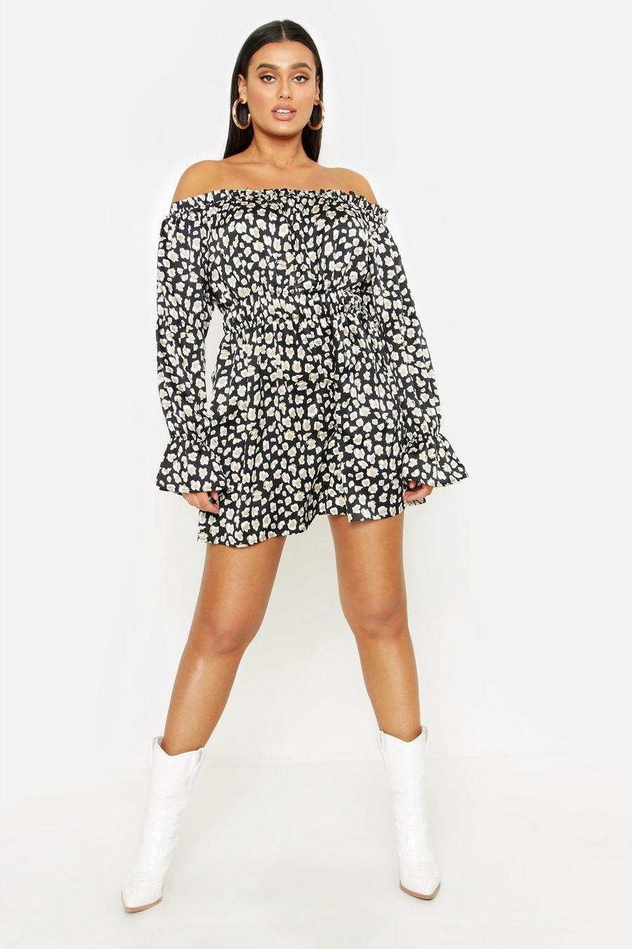 Black Plus Leopard Satin Ruffle Wrap Dress