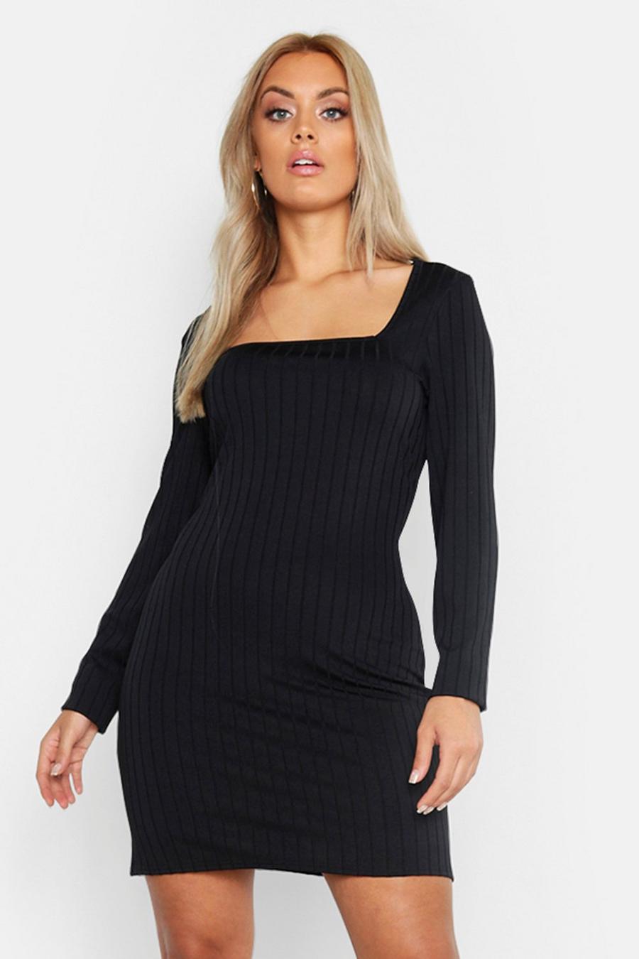 Plus Ribbed Long Sleeve Square Neck Bodycon Dress image number 1