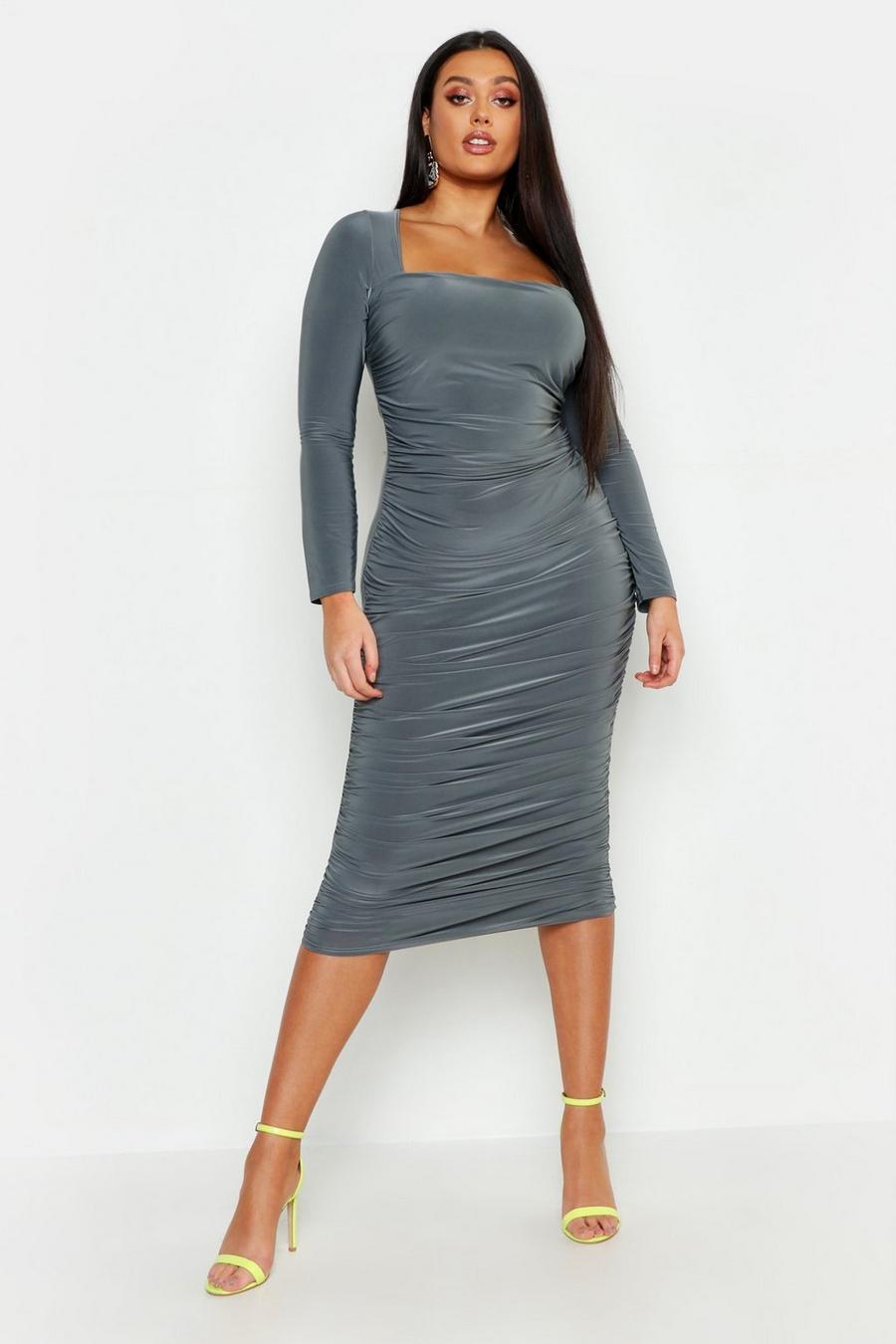 Plus SLinky Ruched Square Neck Midi Dress image number 1