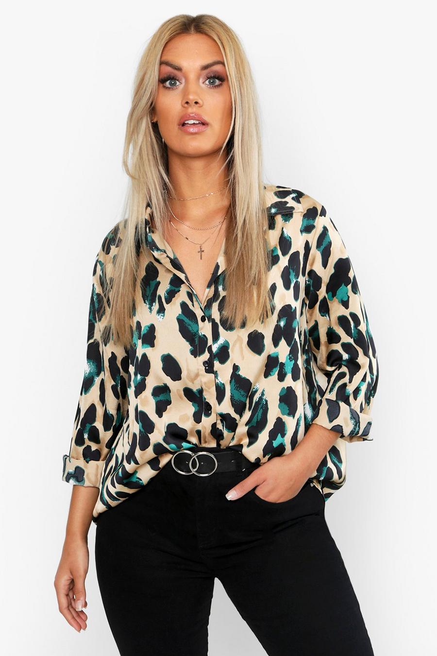 Camicia Plus Size in raso leopardato, Nero black