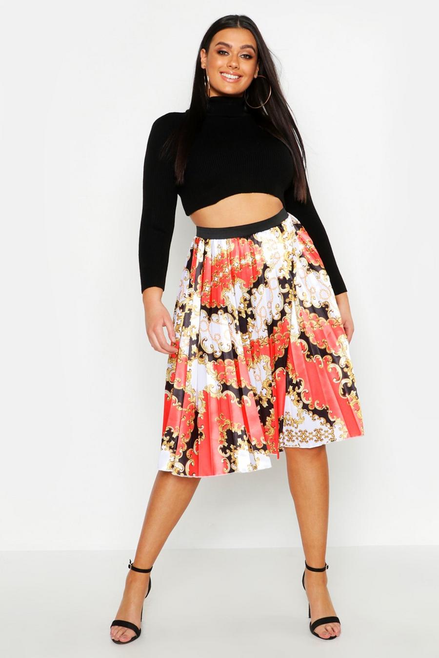 Plus Woven Satin Chain Print Pleated Skirt image number 1