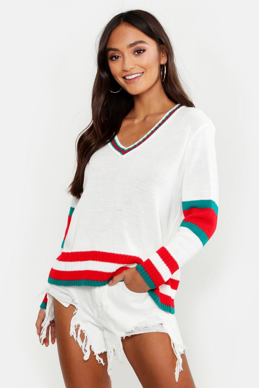 Petite Oversized-Pullover mit V-Ausschnitt und gestreiften Ärmeln image number 1