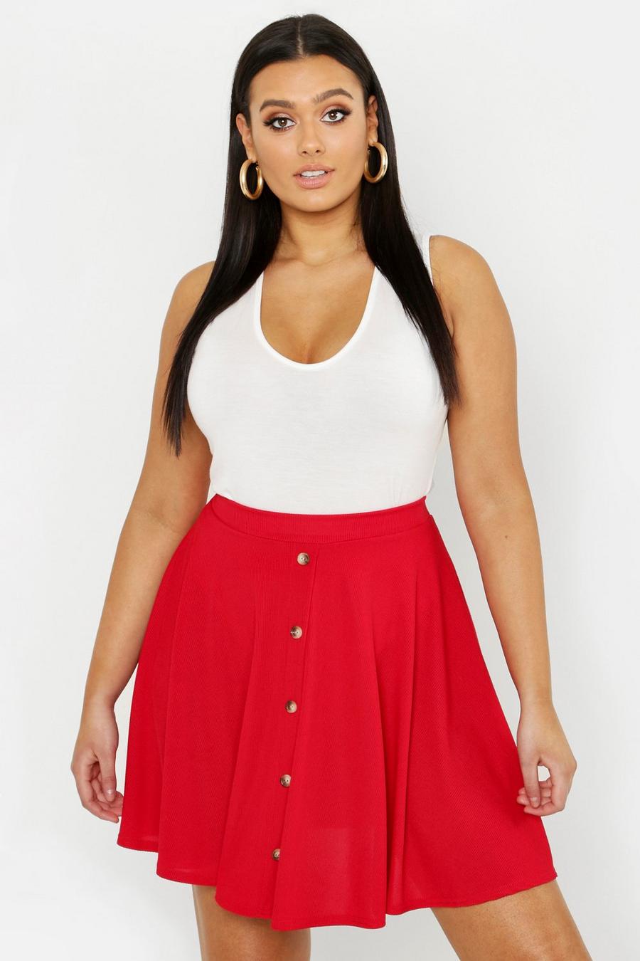 Dark red Plus Button Front Ribbed Skater Mini Skirt image number 1