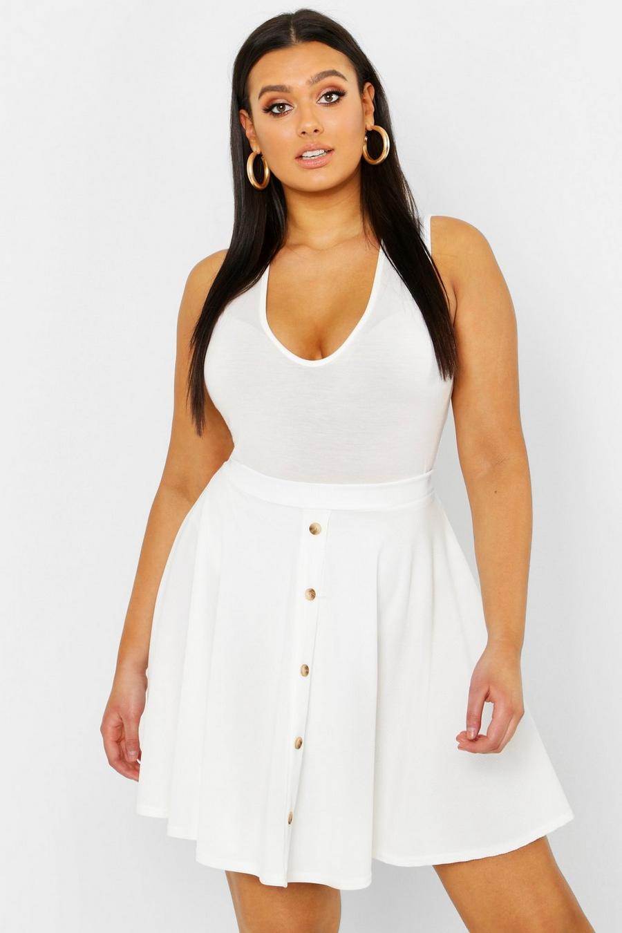 Ecru Plus Button Front Ribbed Skater Mini Skirt image number 1