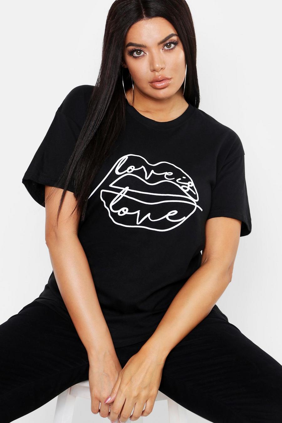 Plus T-Shirt mit Lippen-Print und Slogan, Schwarz black