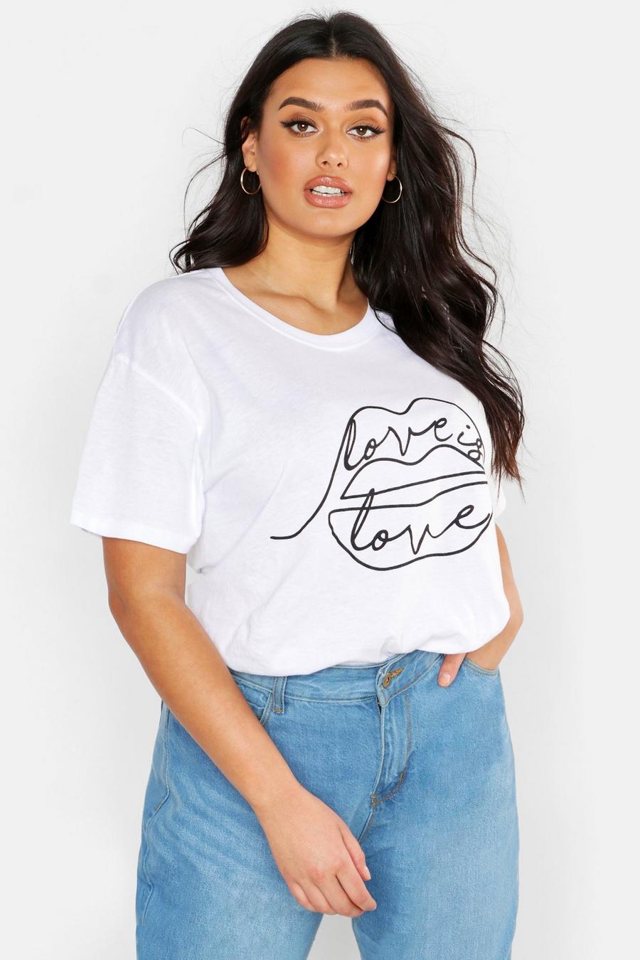 Plus T-Shirt mit Lippen-Print und Slogan, Weiß white