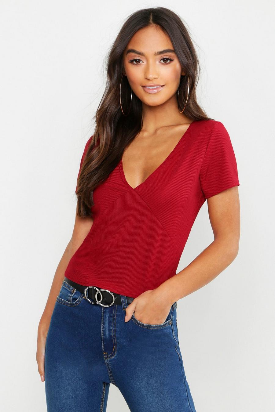 Berry Petite Rib Plunge Neck Top image number 1
