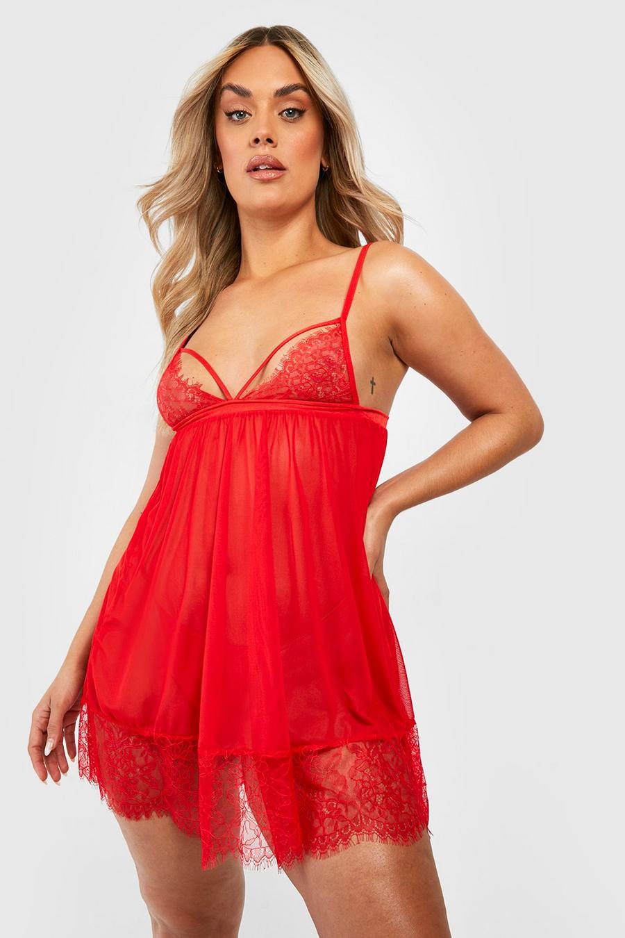 Red röd Plus Lace Detail Strappy Babydoll image number 1