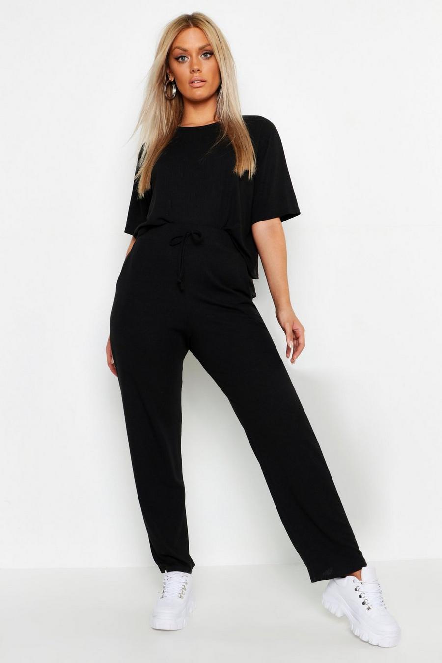 Grande taille - Ensemble t-shirt basique côtelé et pantalon assorti , Noir image number 1