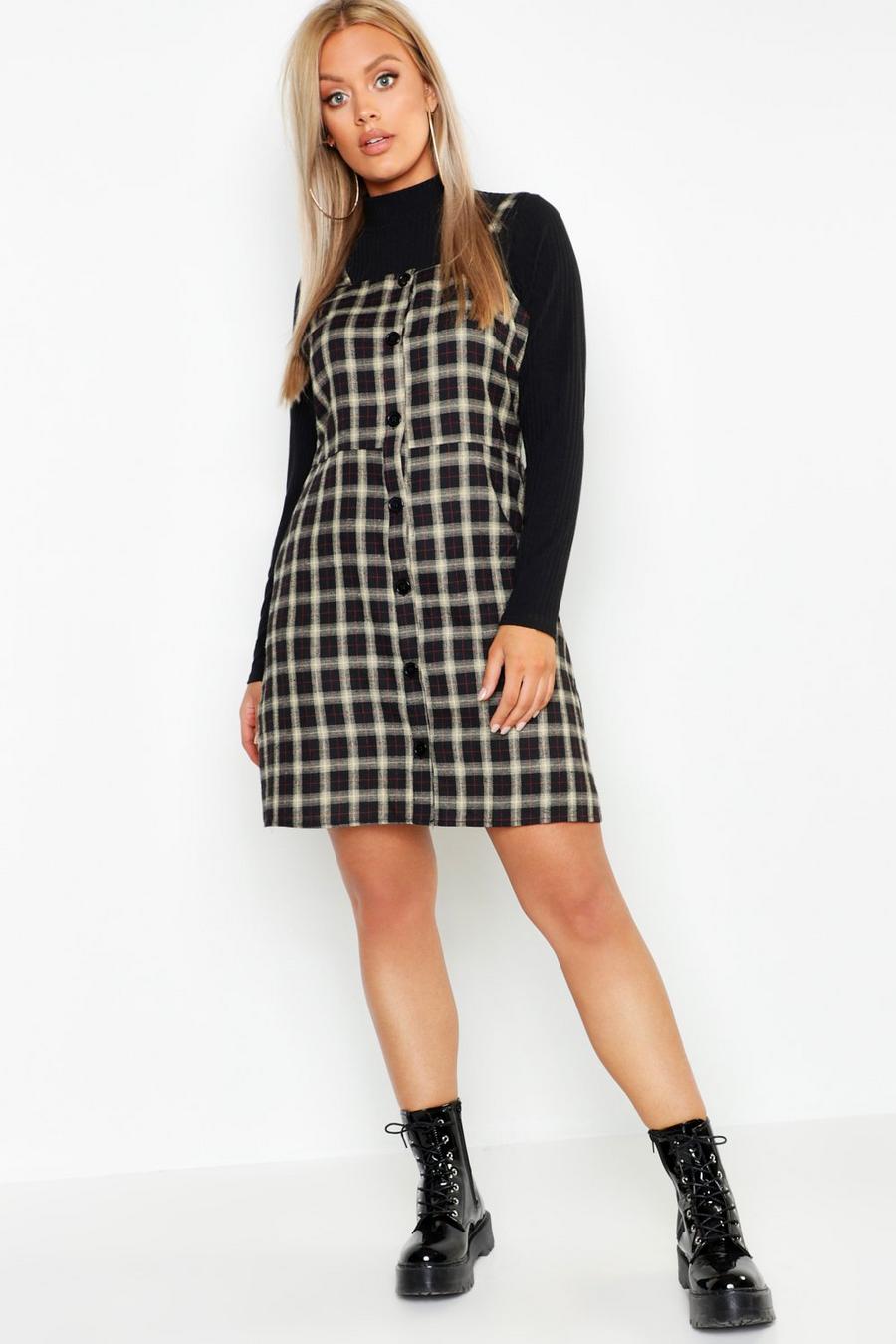 Plus Button Down Check Print Pinafore Dress image number 1