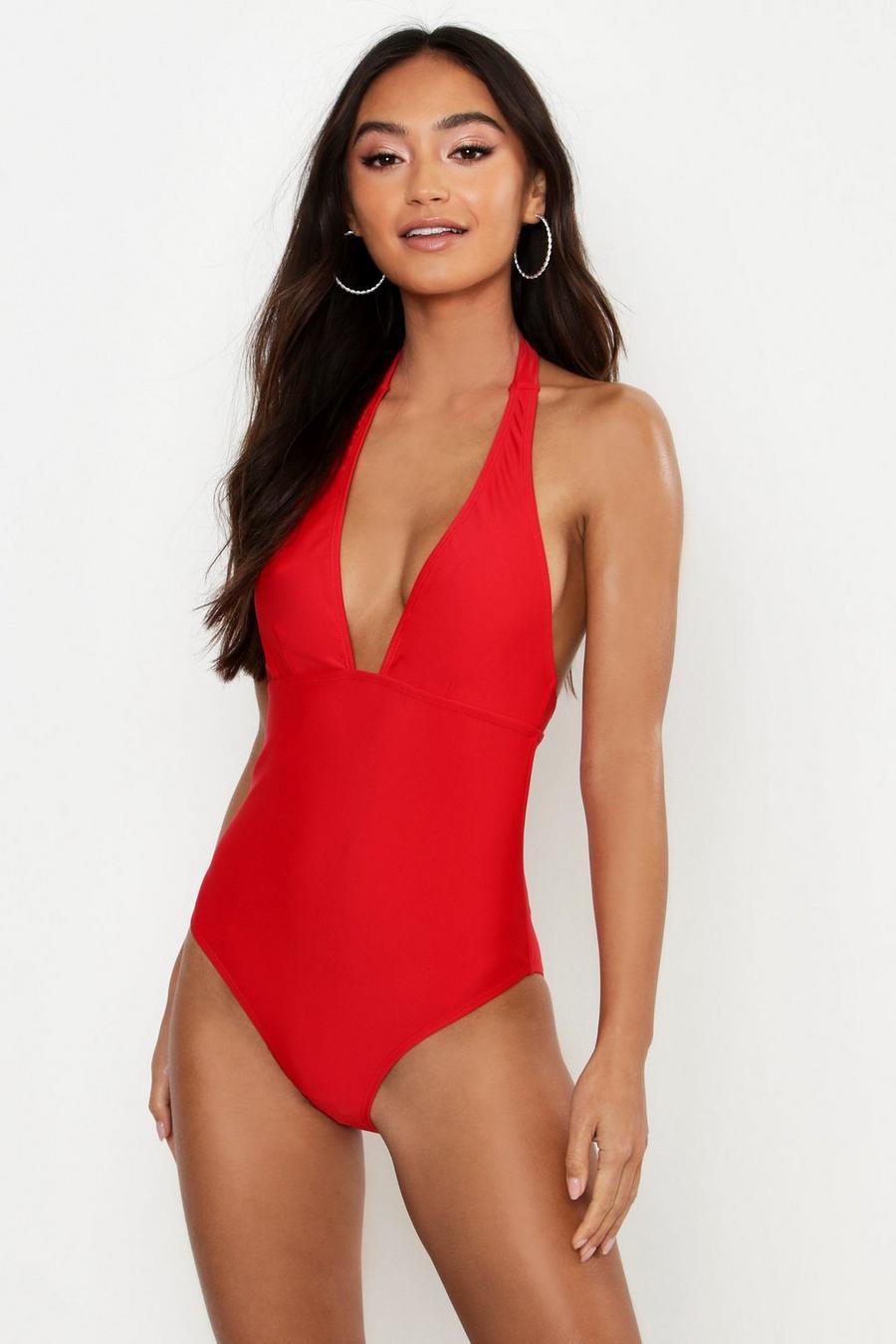 Red Petite Control Halter Swimsuit image number 1
