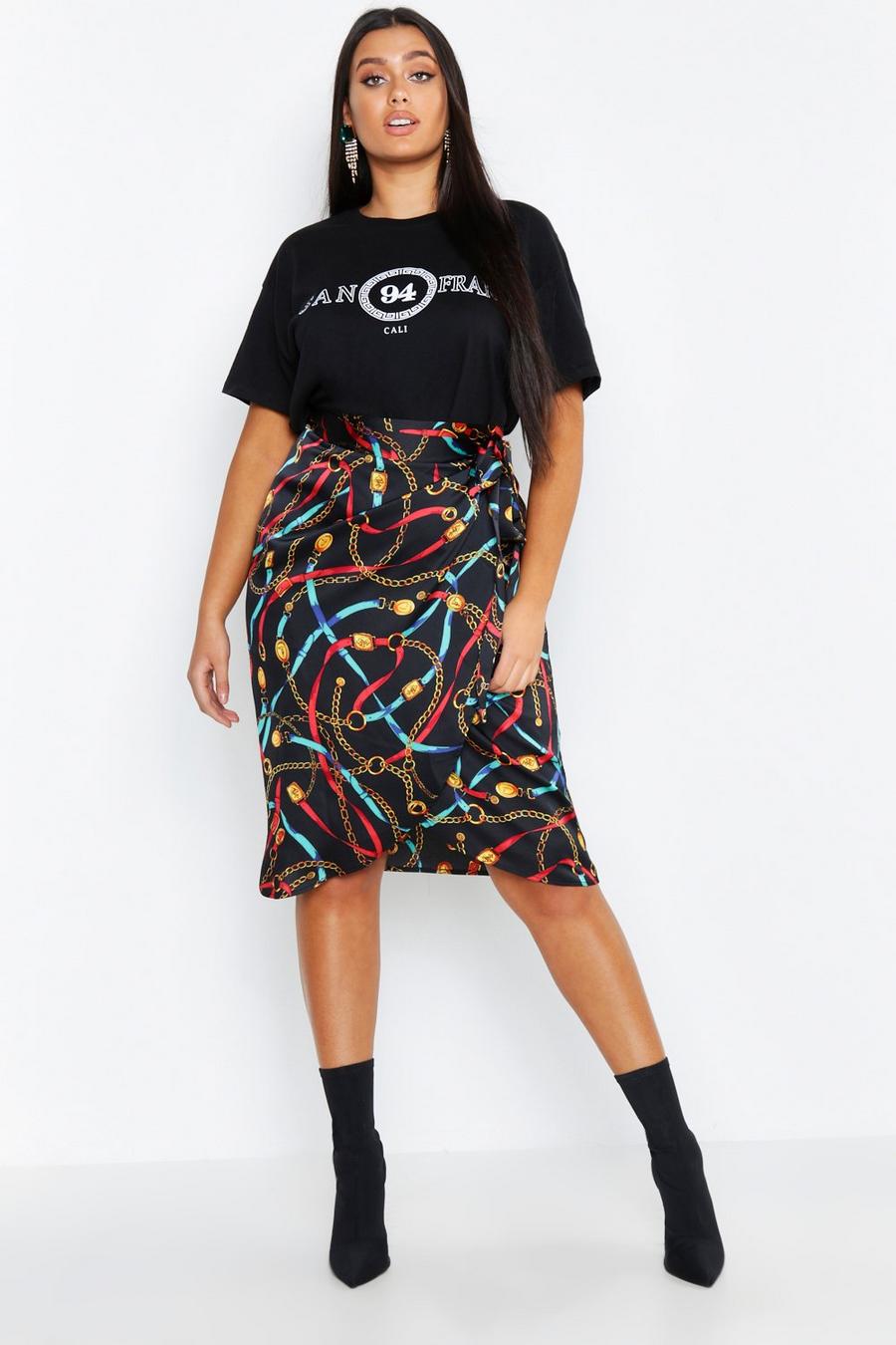 Plus Satin Chain Printed Midi Skirt image number 1