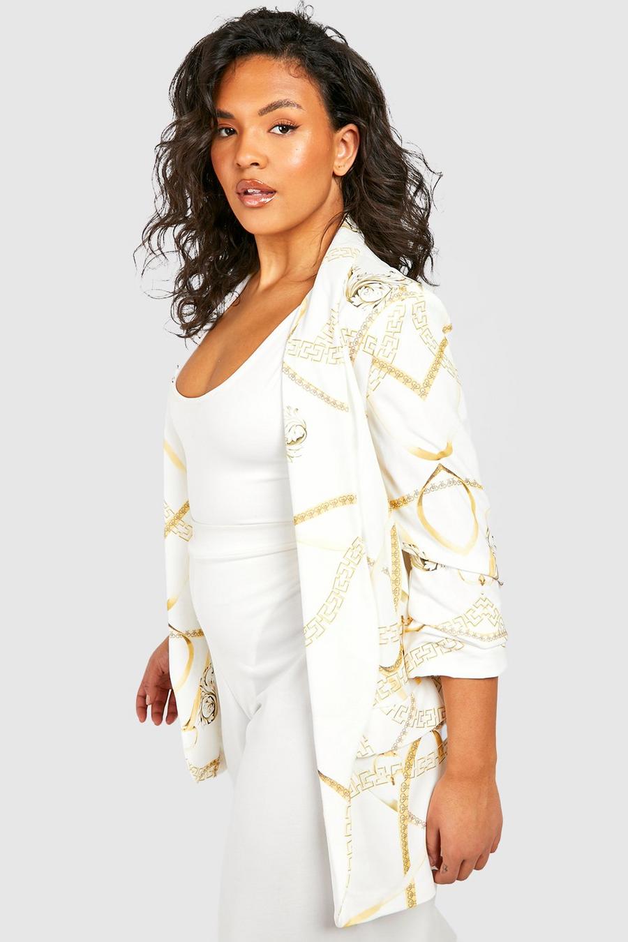 White Plus Chain Print Ruched Sleeve Blazer image number 1