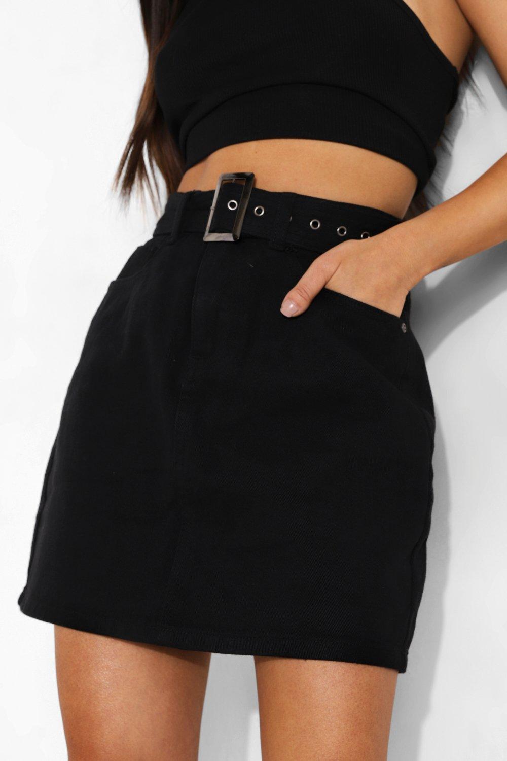 Black denim on sale mini skirt boohoo