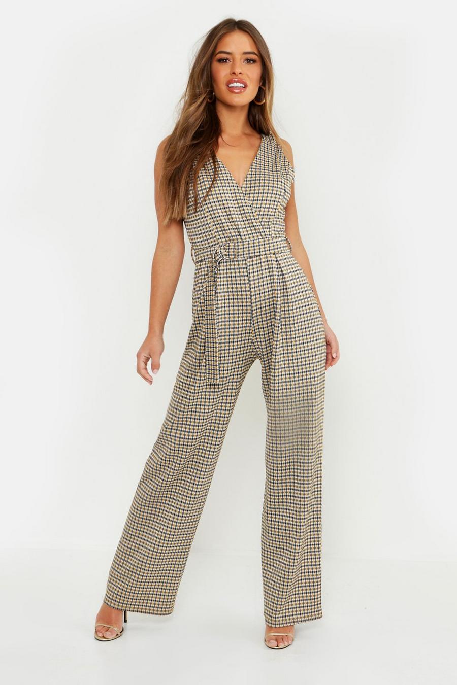 Mustard Petite Check Belted Wide Leg Jumpsuit image number 1