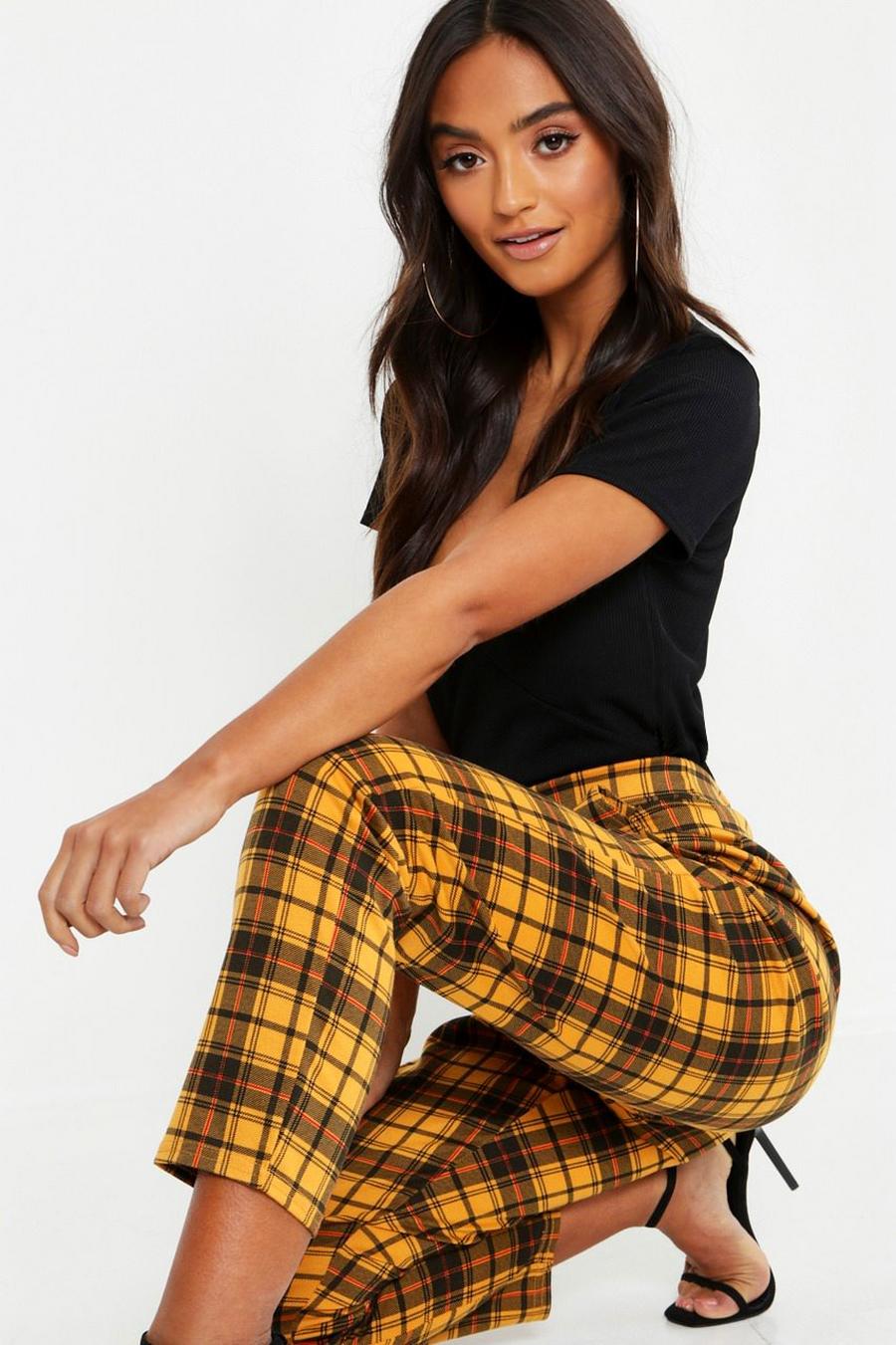Mustard Petite Checked Plaid Pants image number 1