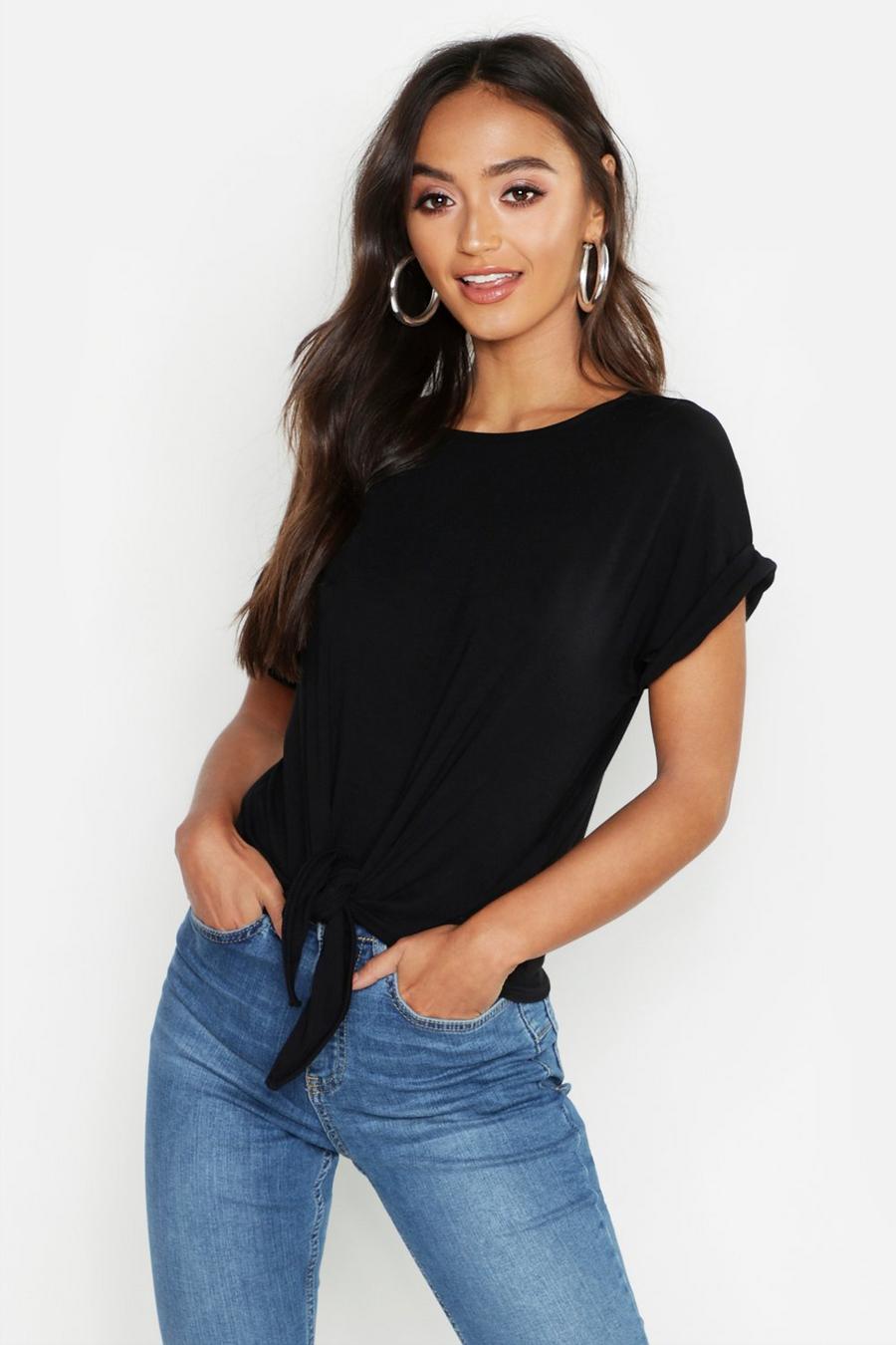 Black Petite Roll Sleeve Tie Front T-Shirt image number 1