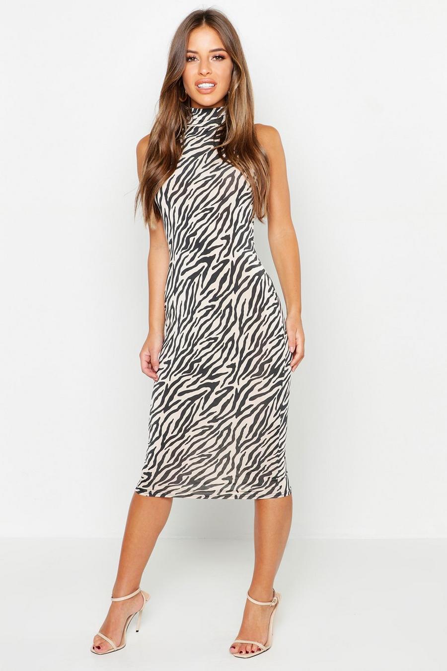 Petite hochgeschlossenes Kleid aus glänzendem Jersey mit Zebramuster image number 1