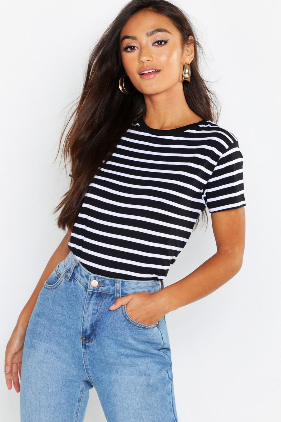 Black Petite Striped Boxy Fit T-Shirt image number 1