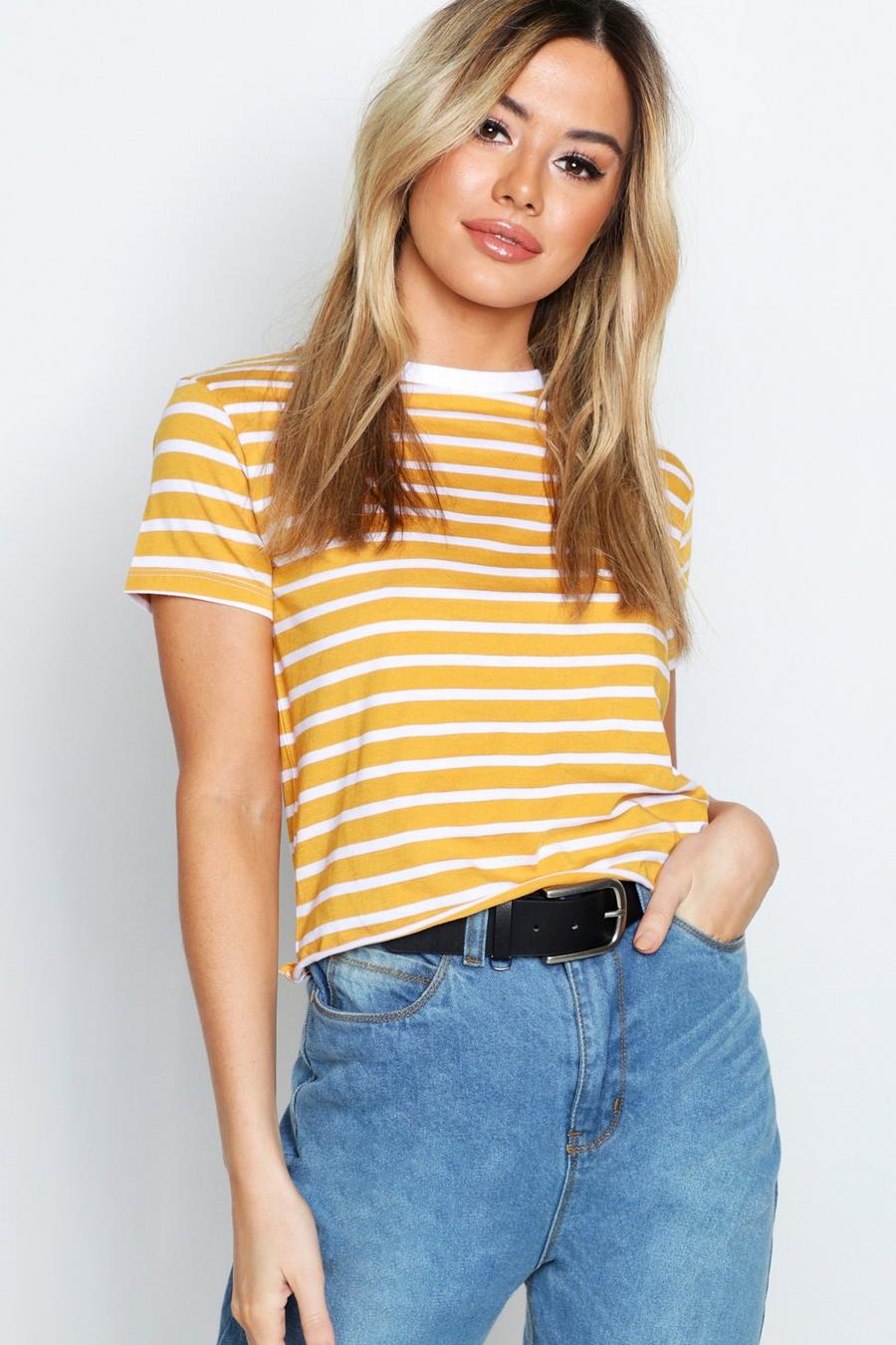 Mustard Petite Stripe Raw Hem Cropped T-Shirt image number 1