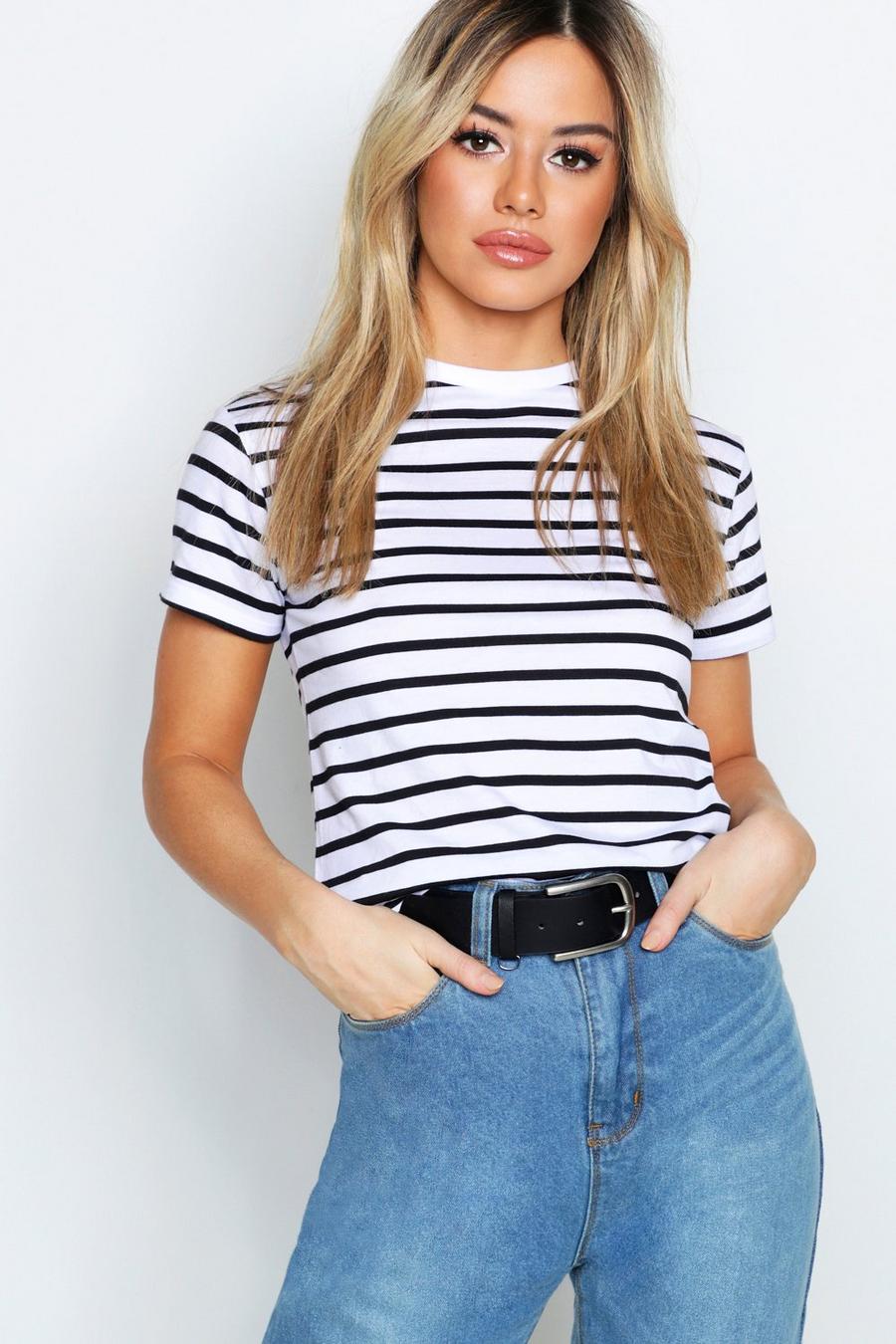 White Petite Stripe Raw Hem Cropped T-Shirt image number 1