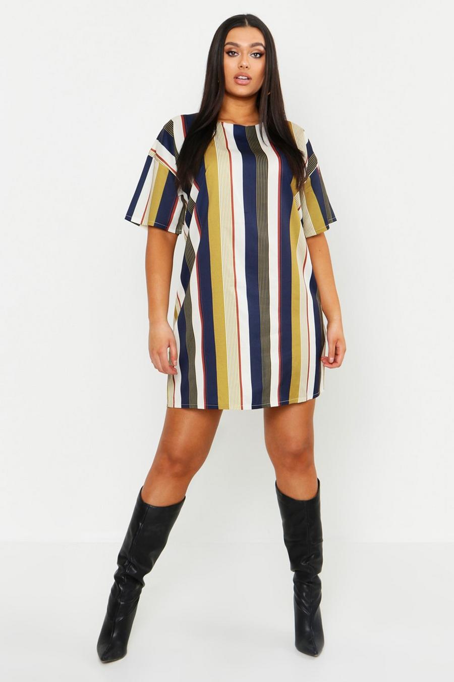 Mustard Plus Tonal Stripe Short Sleeved T-Shirt Dress image number 1