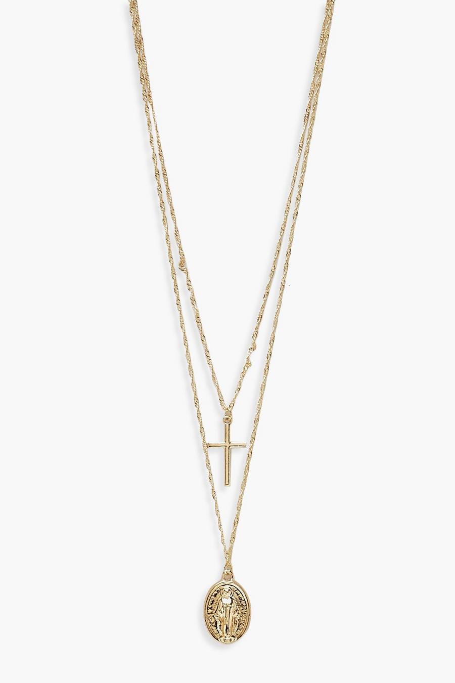 Gold metallic Plus Cross Pendant Layered Choker Necklace