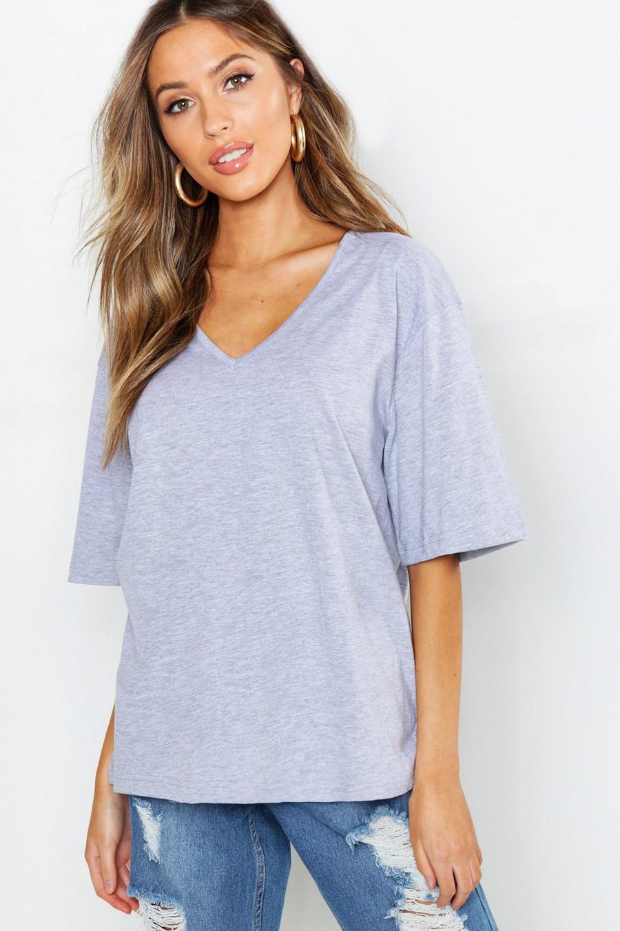 Grey Petite Oversized V-Neck T-Shirt image number 1