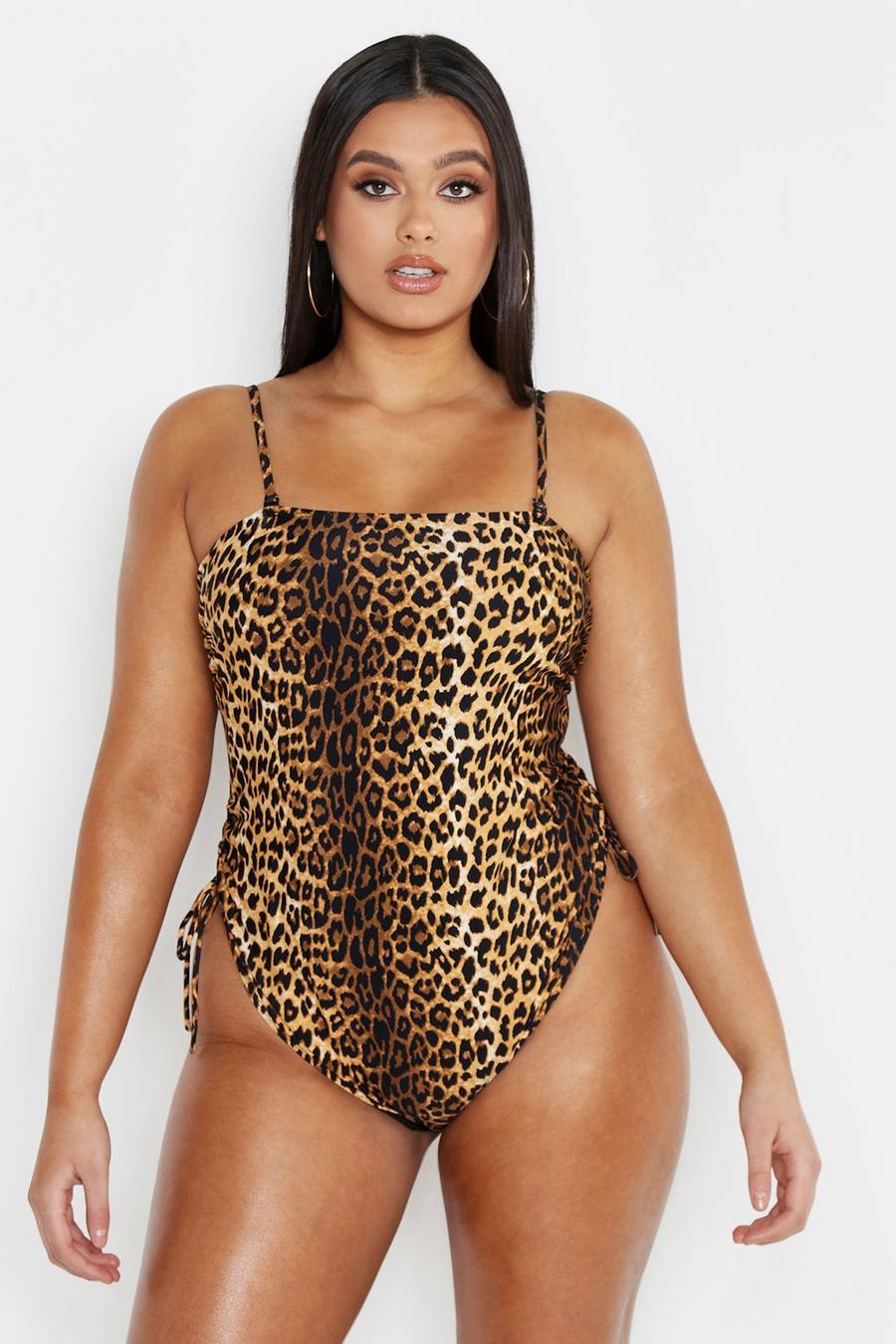 Brown Plus Leopard Square Neck Swim Suit image number 1