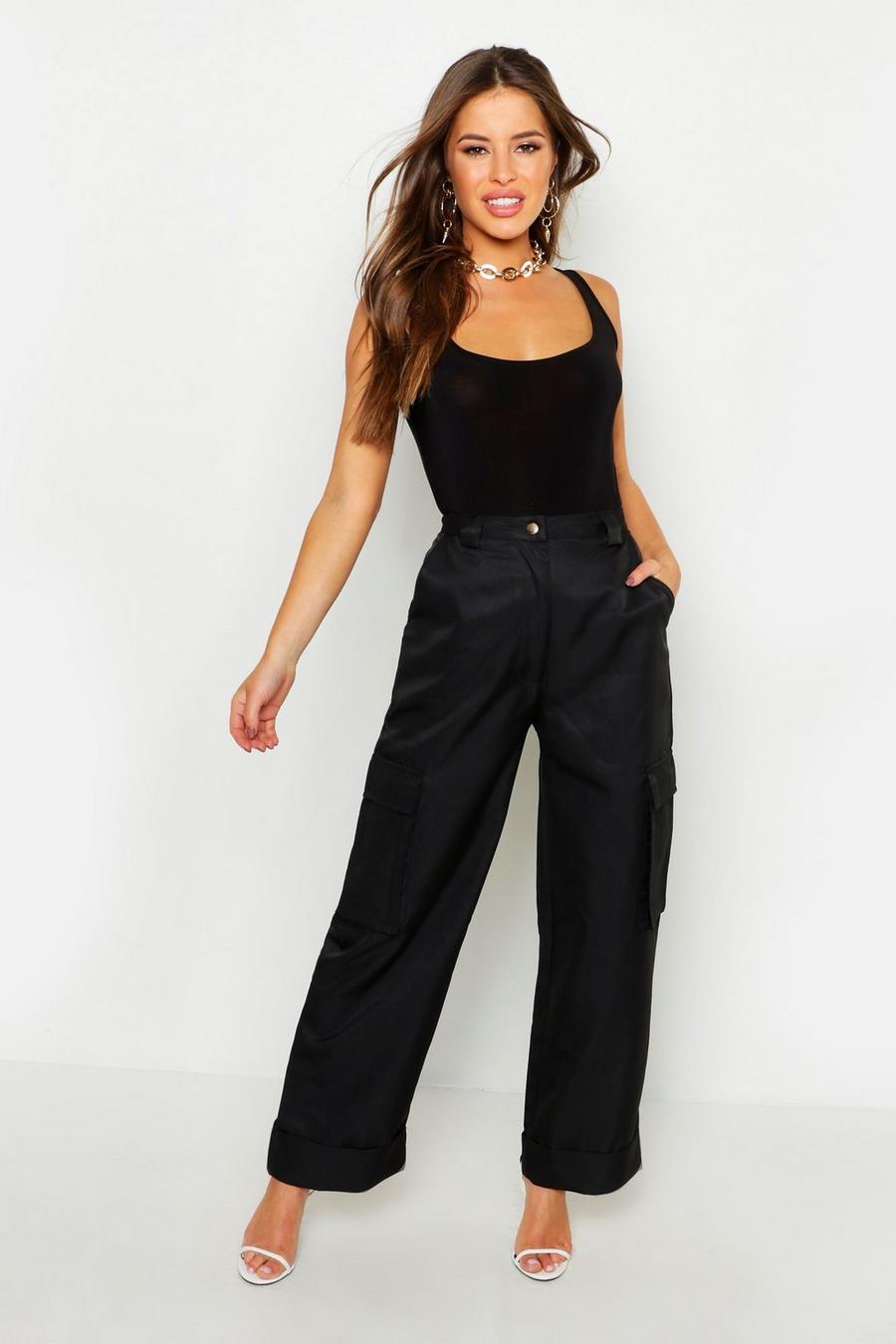 Black Petite Wide Leg Turn Up Cargo Trousers image number 1