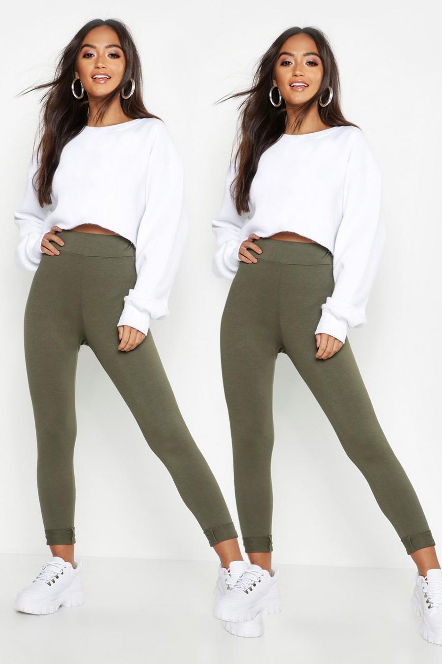 Petite zweifarbige Leggings mit hohem Bund, Khaki image number 1